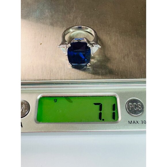 Estate 925 Silver Simulated Sapphire Ring w/ CZ Accents Rhodium Plated Sz 6 - Picture 10 of 10